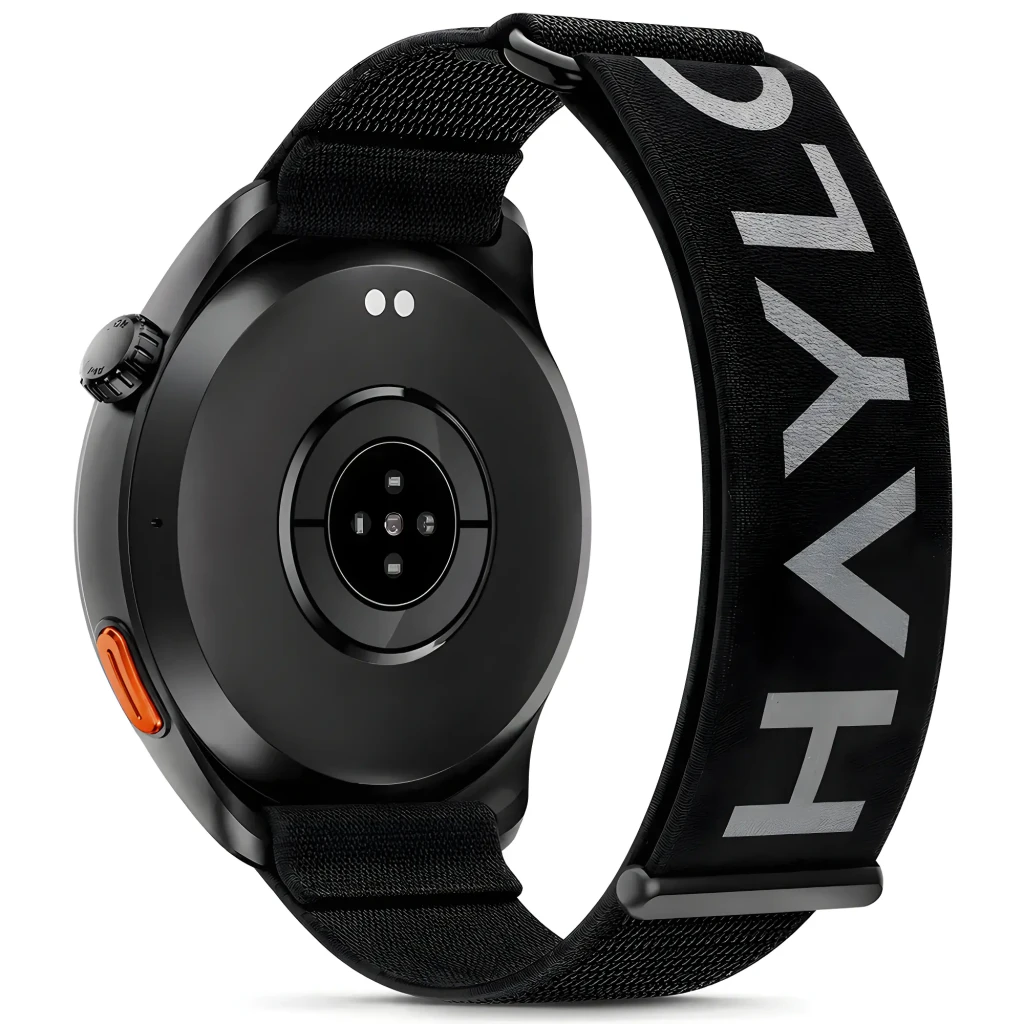 Montre connectée Haylou Solar Neo 2 noire avec cadran rond, écran couleur bleu, boîtier métal, bouton latéral orange et bracelet silicone noir - Ítem2