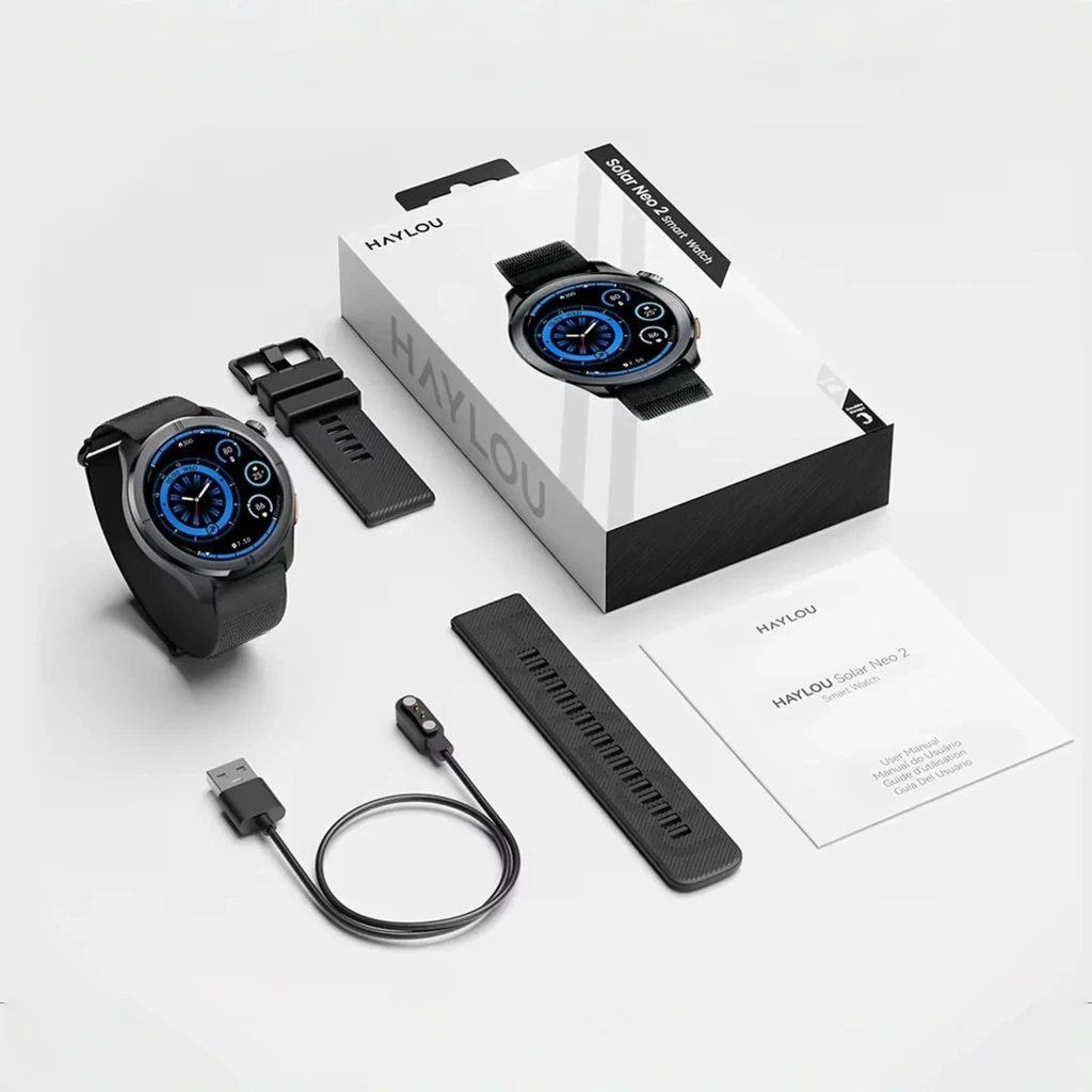Montre connectée Haylou Solar Neo 2 noire avec cadran rond, écran couleur bleu, boîtier métal, bouton latéral orange et bracelet silicone noir - Ítem6