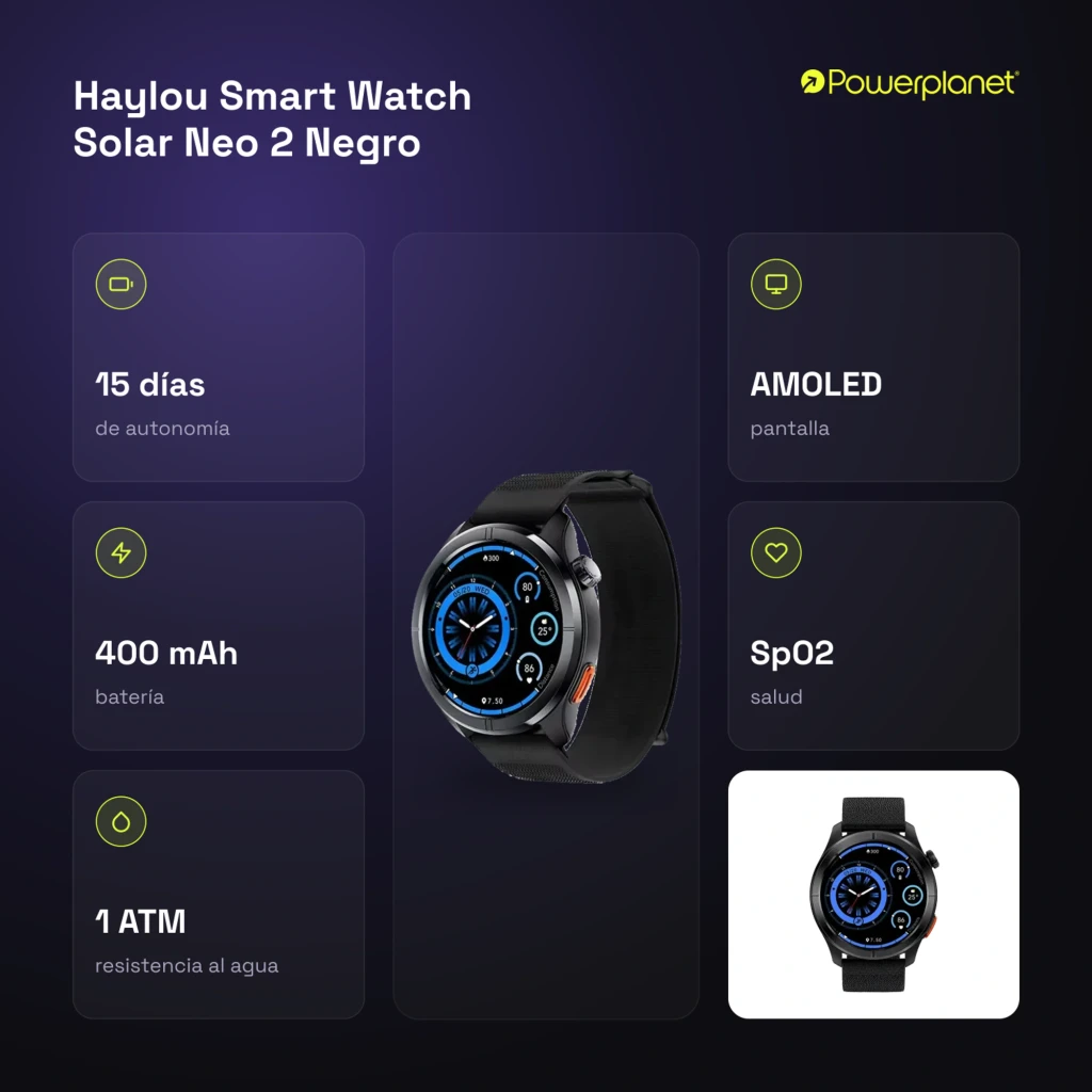 Montre connectée Haylou Solar Neo 2 noire avec cadran rond, écran couleur bleu, boîtier métal, bouton latéral orange et bracelet silicone noir - Ítem4