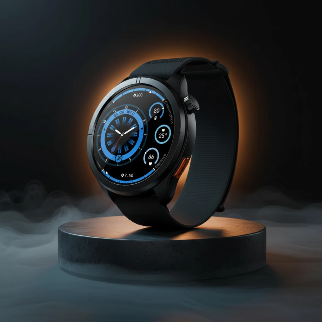 Montre connectée Haylou Solar Neo 2 noire avec cadran rond, écran couleur bleu, boîtier métal, bouton latéral orange et bracelet silicone noir - Ítem3