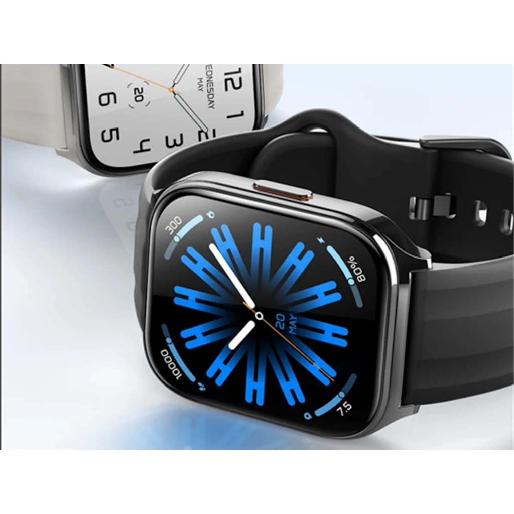 Haylou Watch 3 Noir au boîtier rectangulaire métal, écran couleur avec cadran bleu futuriste, bracelet silicone noir, bouton latéral argenté - Ítem6