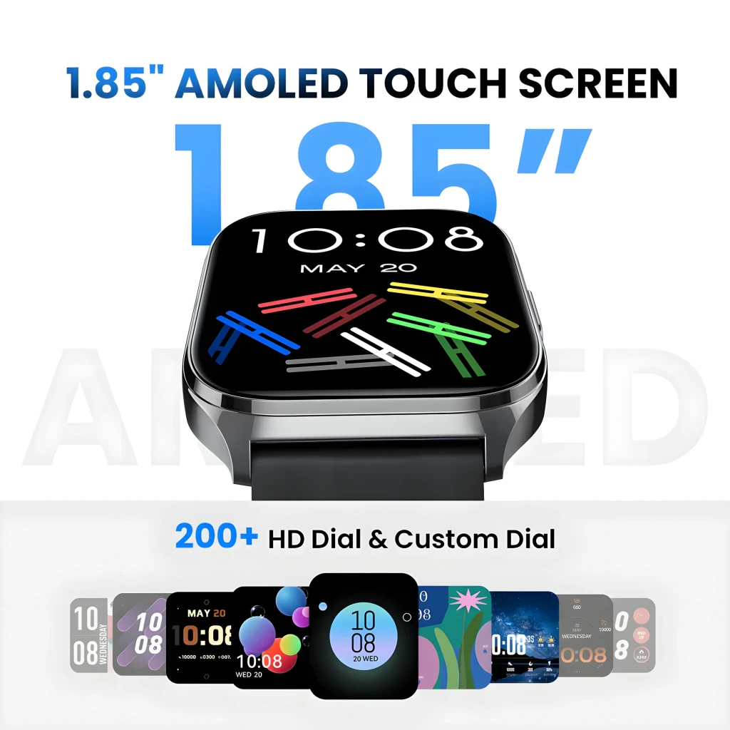 Haylou Watch 3 Noir au boîtier rectangulaire métal, écran couleur avec cadran bleu futuriste, bracelet silicone noir, bouton latéral argenté - Ítem3