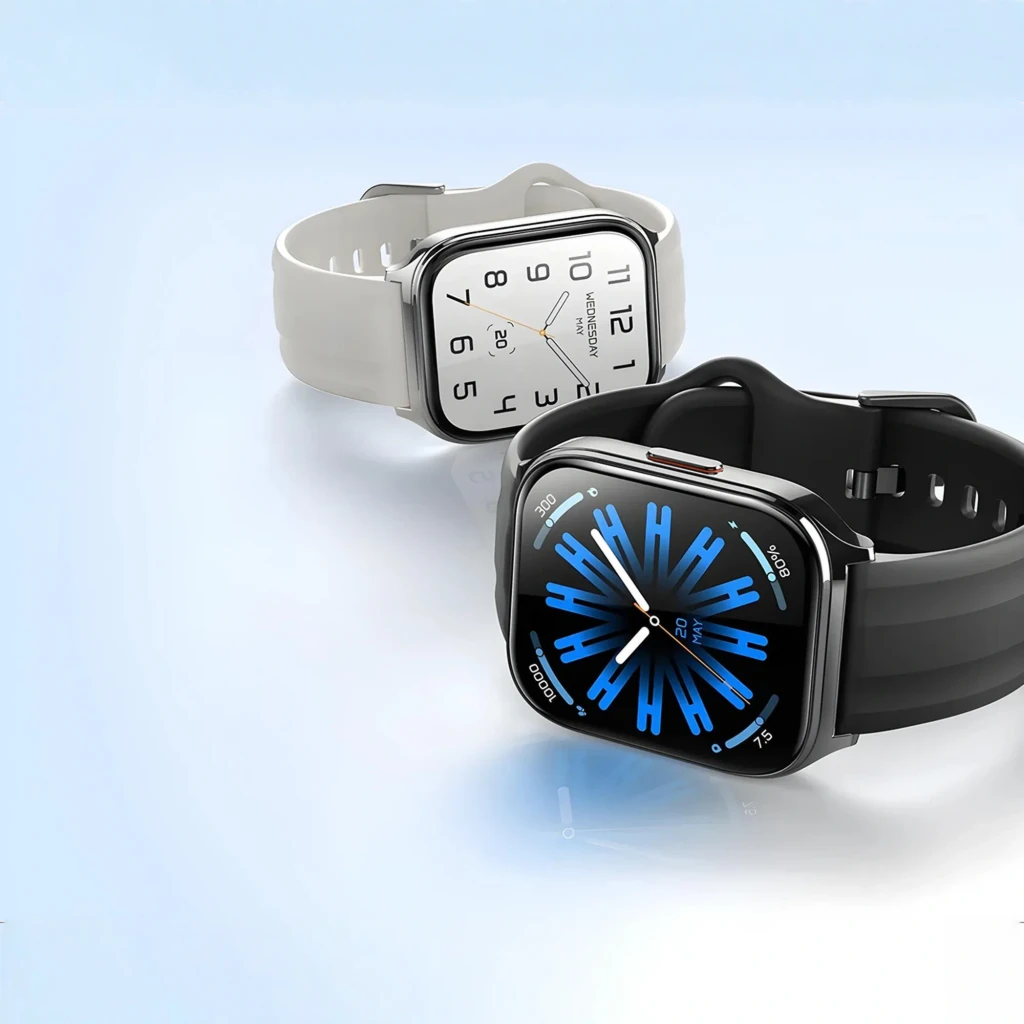 Haylou Watch 3 Noir au boîtier rectangulaire métal, écran couleur avec cadran bleu futuriste, bracelet silicone noir, bouton latéral argenté - Ítem4