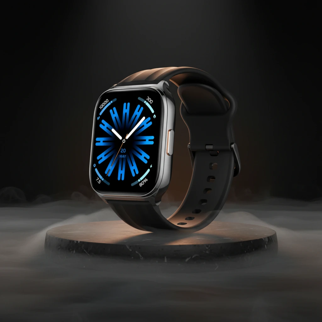 Haylou Watch 3 Noir au boîtier rectangulaire métal, écran couleur avec cadran bleu futuriste, bracelet silicone noir, bouton latéral argenté - Ítem2