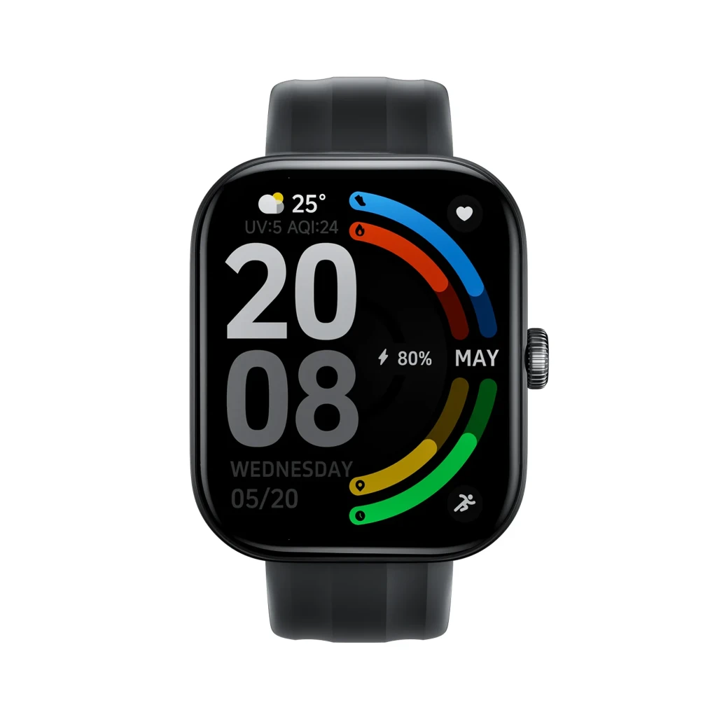 Montre Haylou Faro Noir avec écran rectangulaire noir et orange, boîtier métal argenté, couronne latérale, bracelet silicone noir, cadran sportif élégant - Ítem1