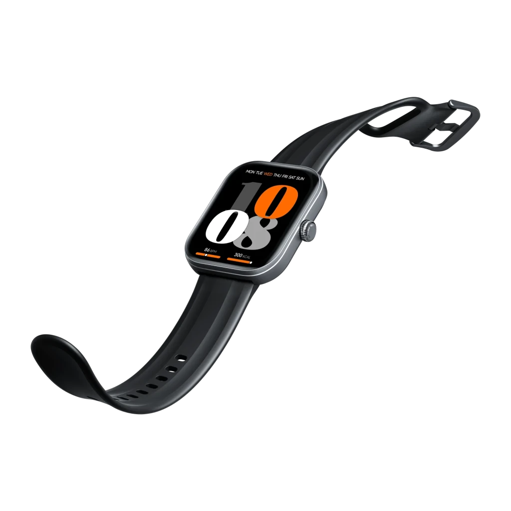 Montre Haylou Faro Noir avec écran rectangulaire noir et orange, boîtier métal argenté, couronne latérale, bracelet silicone noir, cadran sportif élégant - Ítem4