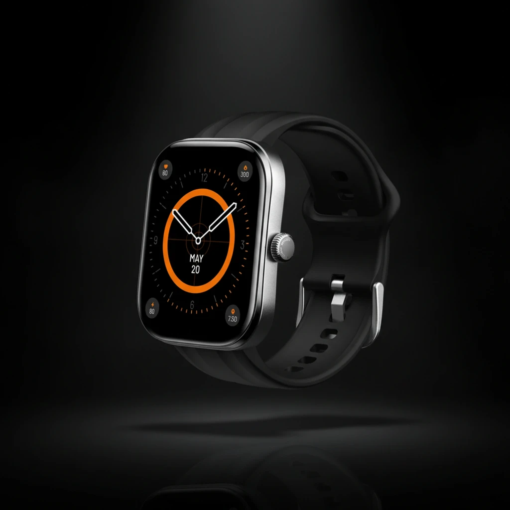Montre Haylou Faro Noir avec écran rectangulaire noir et orange, boîtier métal argenté, couronne latérale, bracelet silicone noir, cadran sportif élégant - Ítem3
