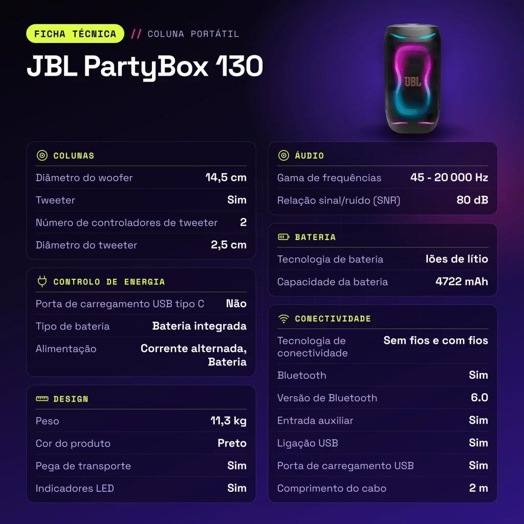 JBL Altavoz Partybox 130 Negro - características