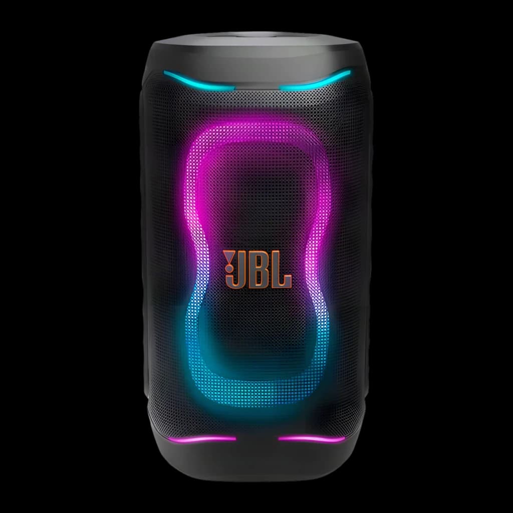 Altavoz portátil JBL PartyBox 130 IPX4 Bluetooth 6.0 Negro, vista frontal: luces LED RGB en forma de 8 y logo JBL naranja