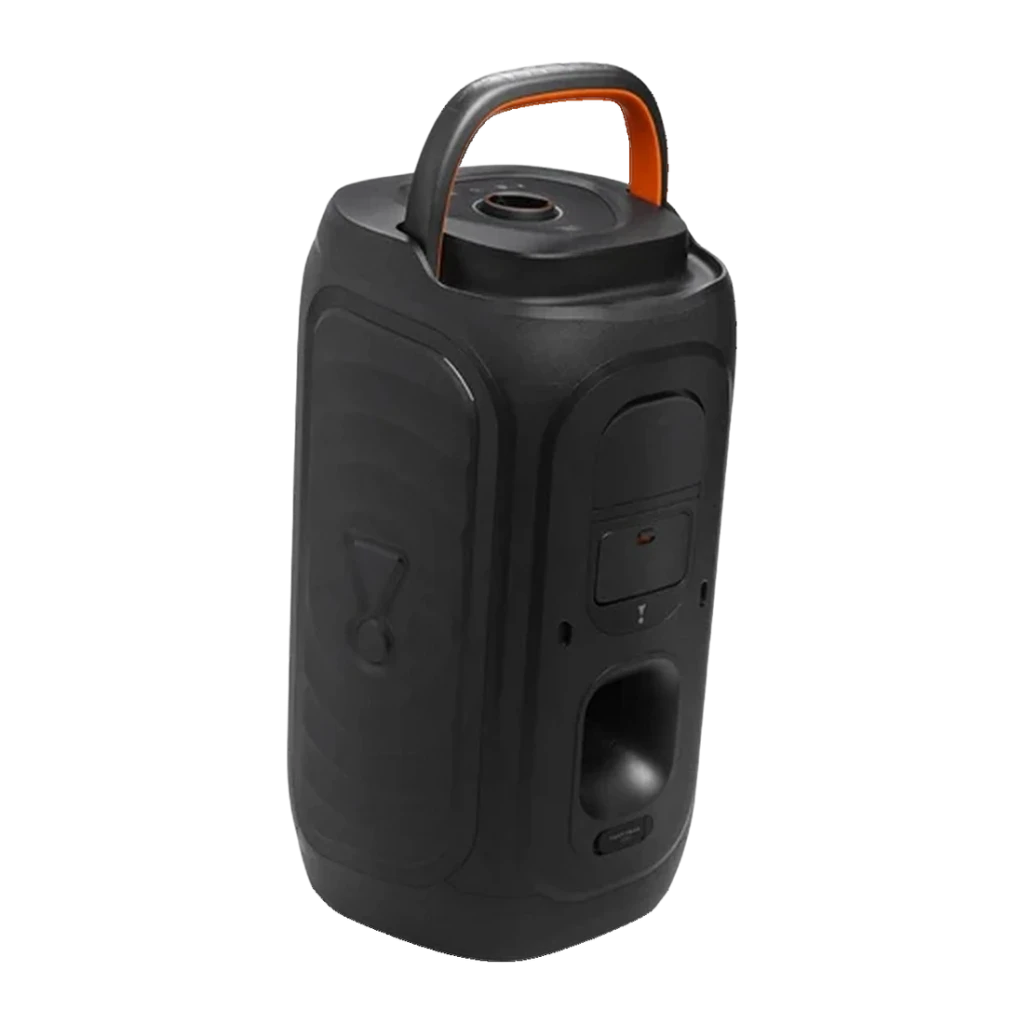 Altavoz portátil JBL PartyBox 130 IPX4 Bluetooth 6.0 Negro, vista trasera: asa naranja, panel de botones y puerto de graves