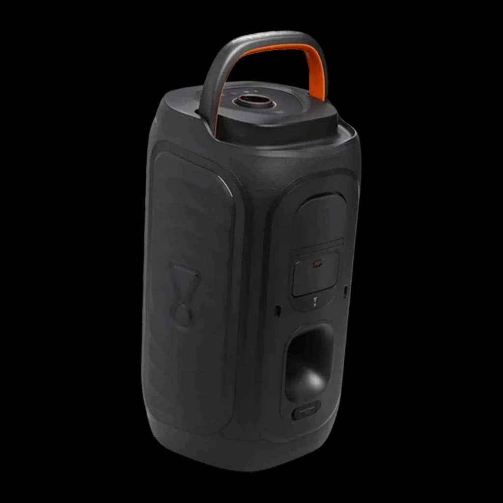 Altavoz portátil JBL PartyBox 130 IPX4 Bluetooth 6.0 Negro, vista trasera: asa naranja, panel de botones y puerto de graves