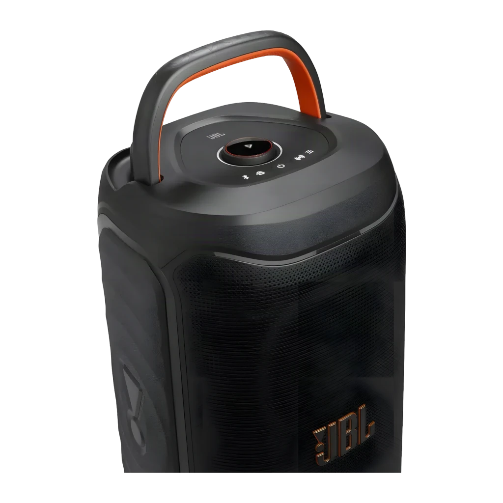 Altavoz portátil JBL PartyBox 130 IPX4 Bluetooth 6.0 Negro, vista superior en ángulo: asa naranja, panel de controles y logo
