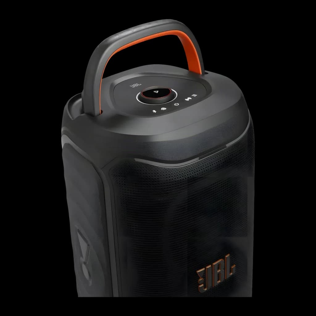 Altavoz portátil JBL PartyBox 130 IPX4 Bluetooth 6.0 Negro, vista superior en ángulo: asa naranja, panel de controles y logo