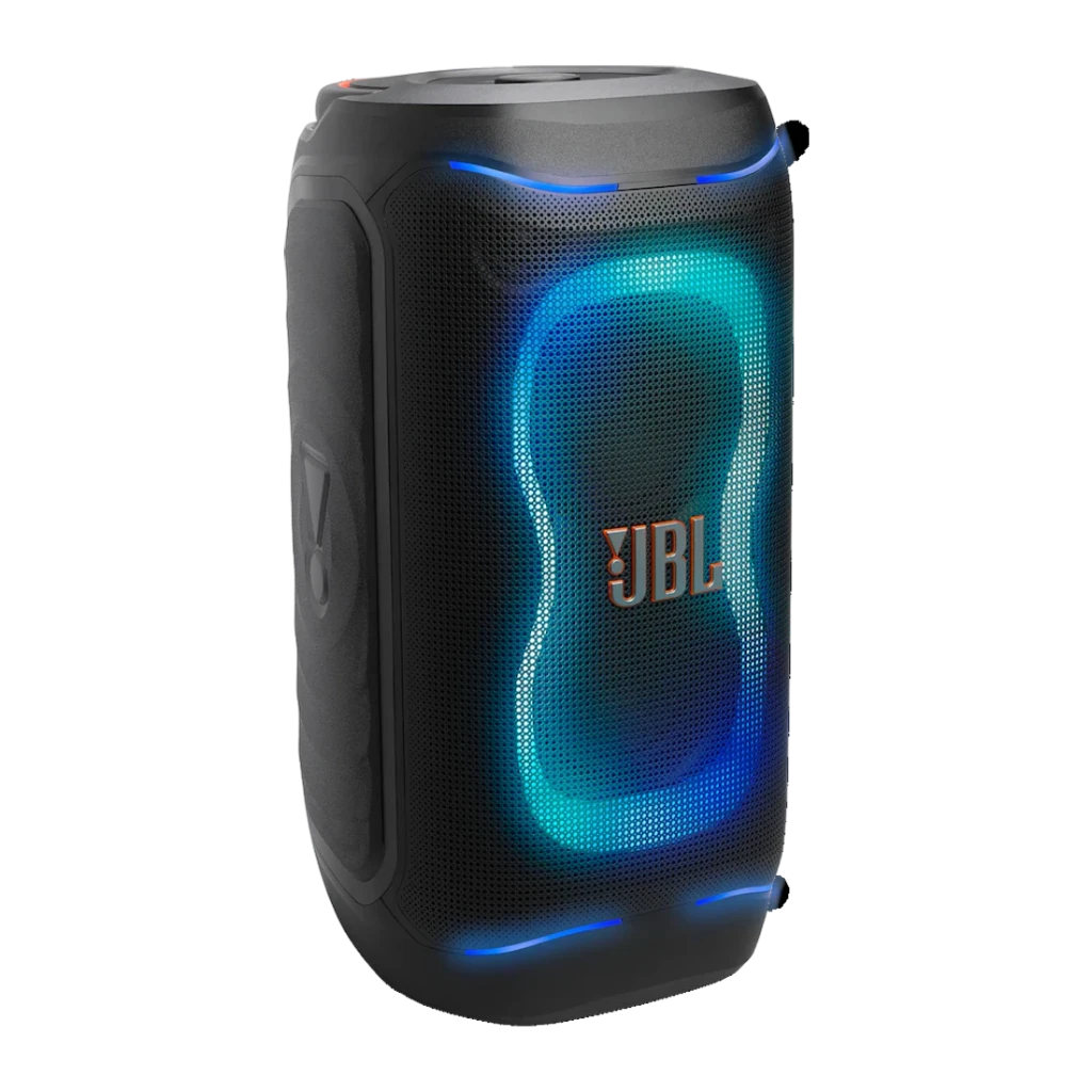 Altavoz portátil JBL PartyBox 130 IPX4 Bluetooth 6.0 Negro, vista en ángulo: luces LED azules y turquesa encendidas
