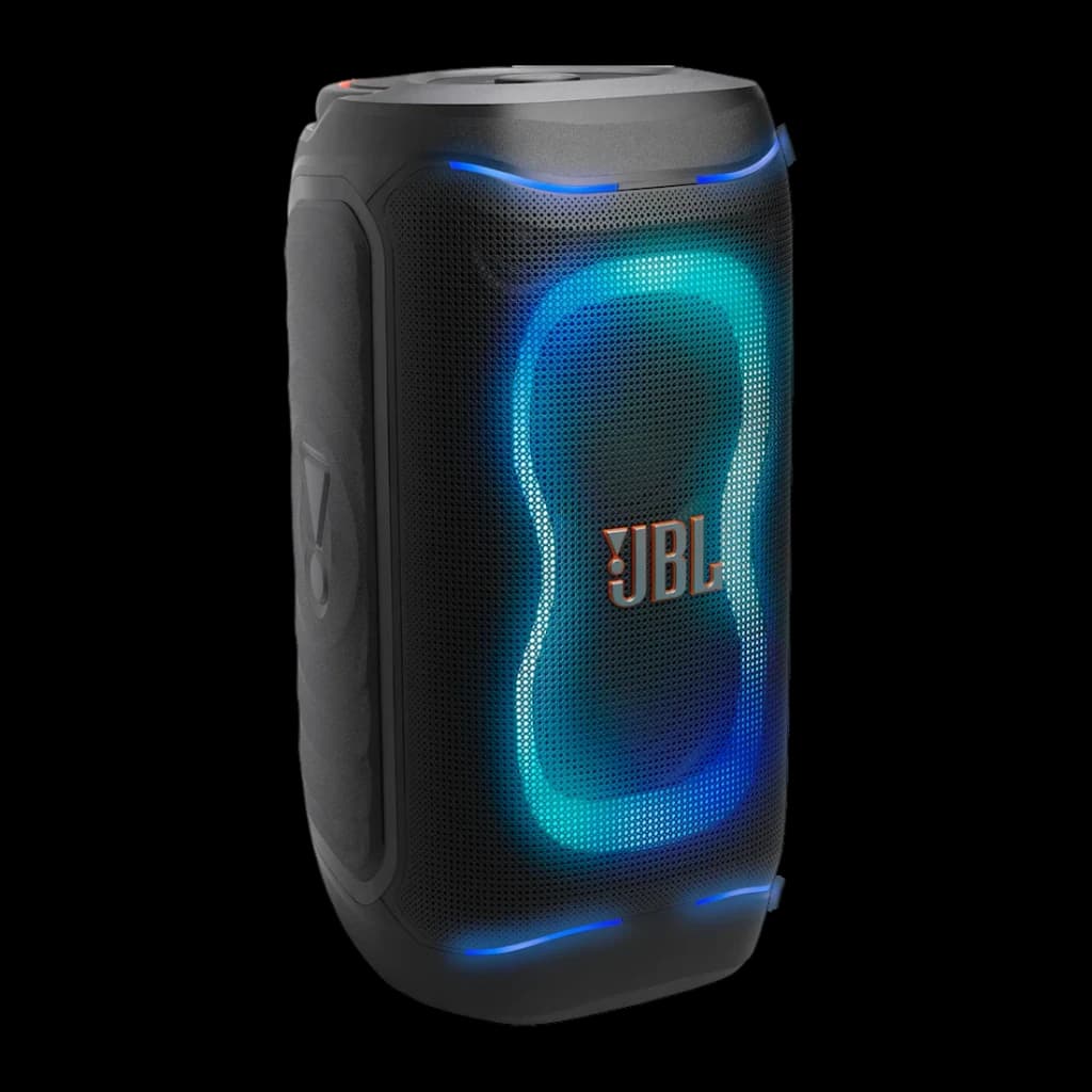 Altavoz portátil JBL PartyBox 130 IPX4 Bluetooth 6.0 Negro, vista en ángulo: luces LED azules y turquesa encendidas