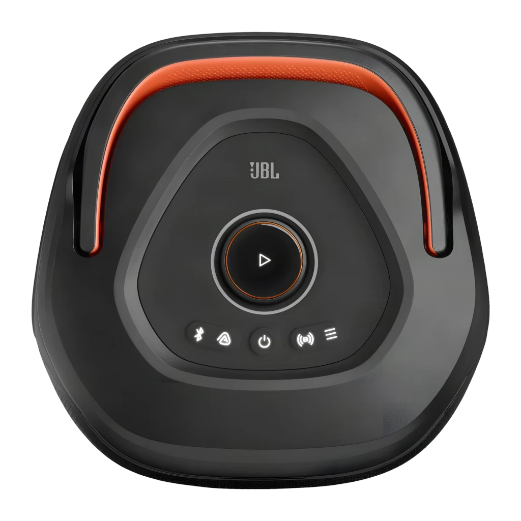 Altavoz portátil JBL PartyBox 130 IPX4 Bluetooth 6.0 Negro, vista superior: asa naranja, botón play central y controles