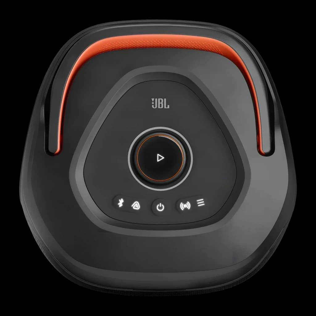 Altavoz portátil JBL PartyBox 130 IPX4 Bluetooth 6.0 Negro, vista superior: asa naranja, botón play central y controles