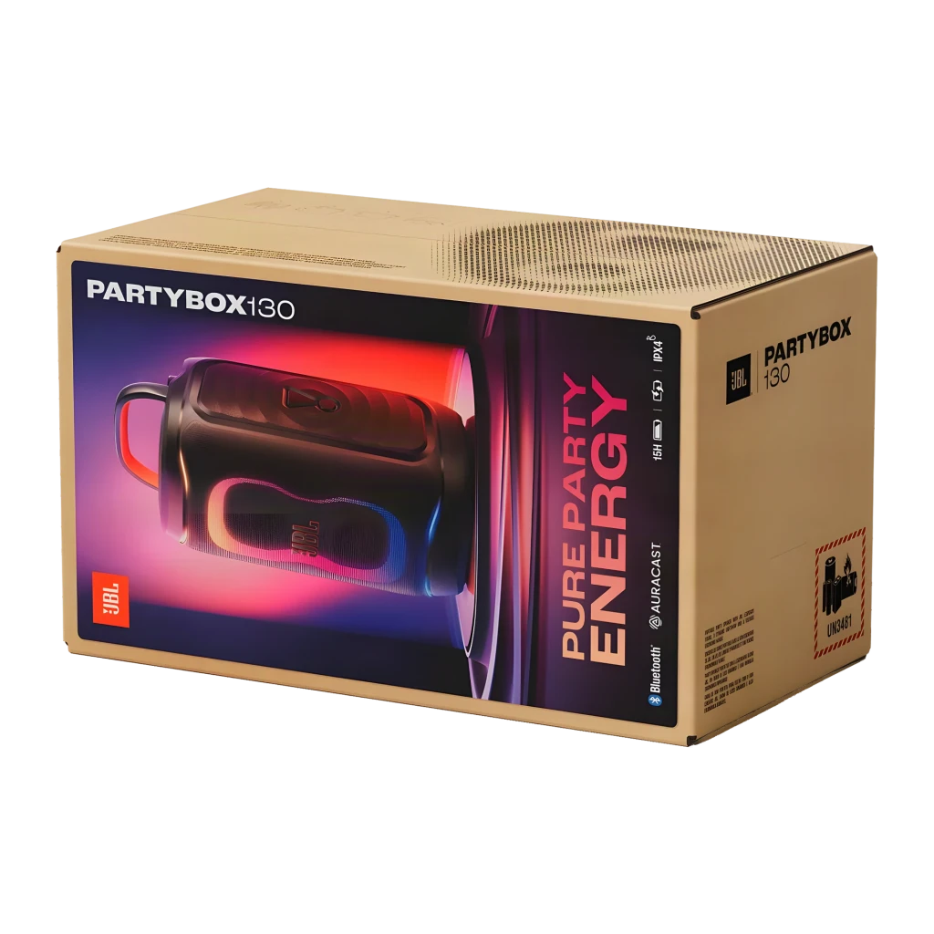 Altavoz portátil JBL PartyBox 130 IPX4 Bluetooth 6.0 Negro, caja: embalaje de cartón con ilustración del altavoz con luces