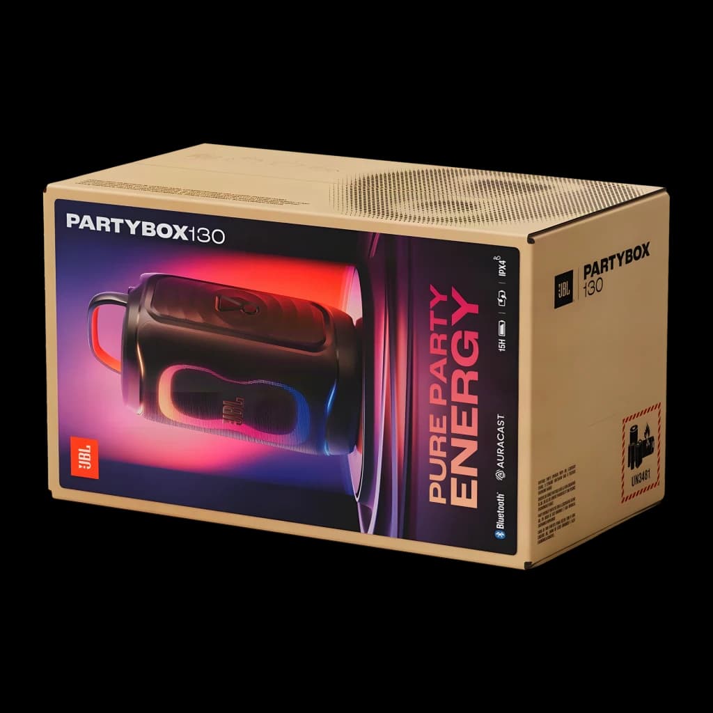 Altavoz portátil JBL PartyBox 130 IPX4 Bluetooth 6.0 Negro, caja: embalaje de cartón con ilustración del altavoz con luces