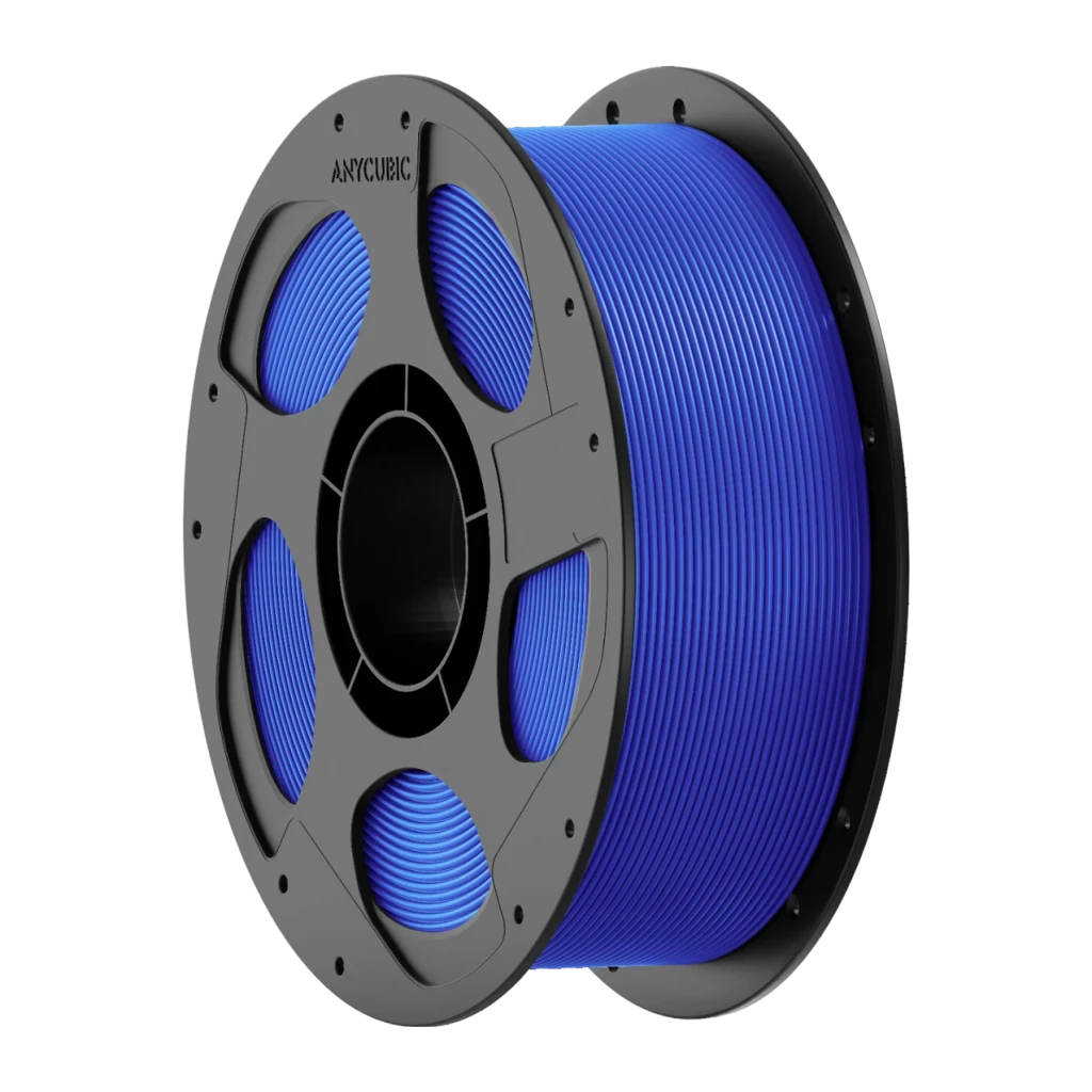 Filamento impresora 3d Anycubic PLA Basic 1.75mm 1kg Azul, vista en ángulo: bobina azul con carrete negro y logo Anycubic