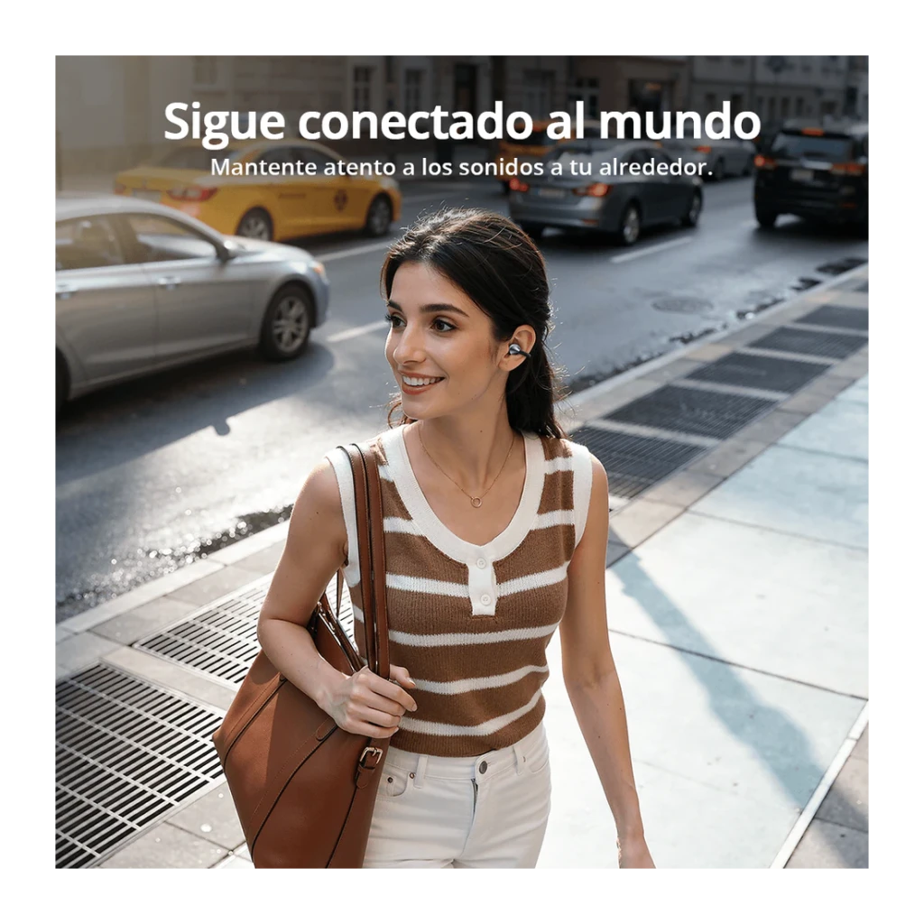 Auriculares Tronsmart OpenFly Clip 2 Bluetooth 6.0 32h (8h+estuche) Hi-Res LDAC Negro, uso lifestyle: mujer paseando