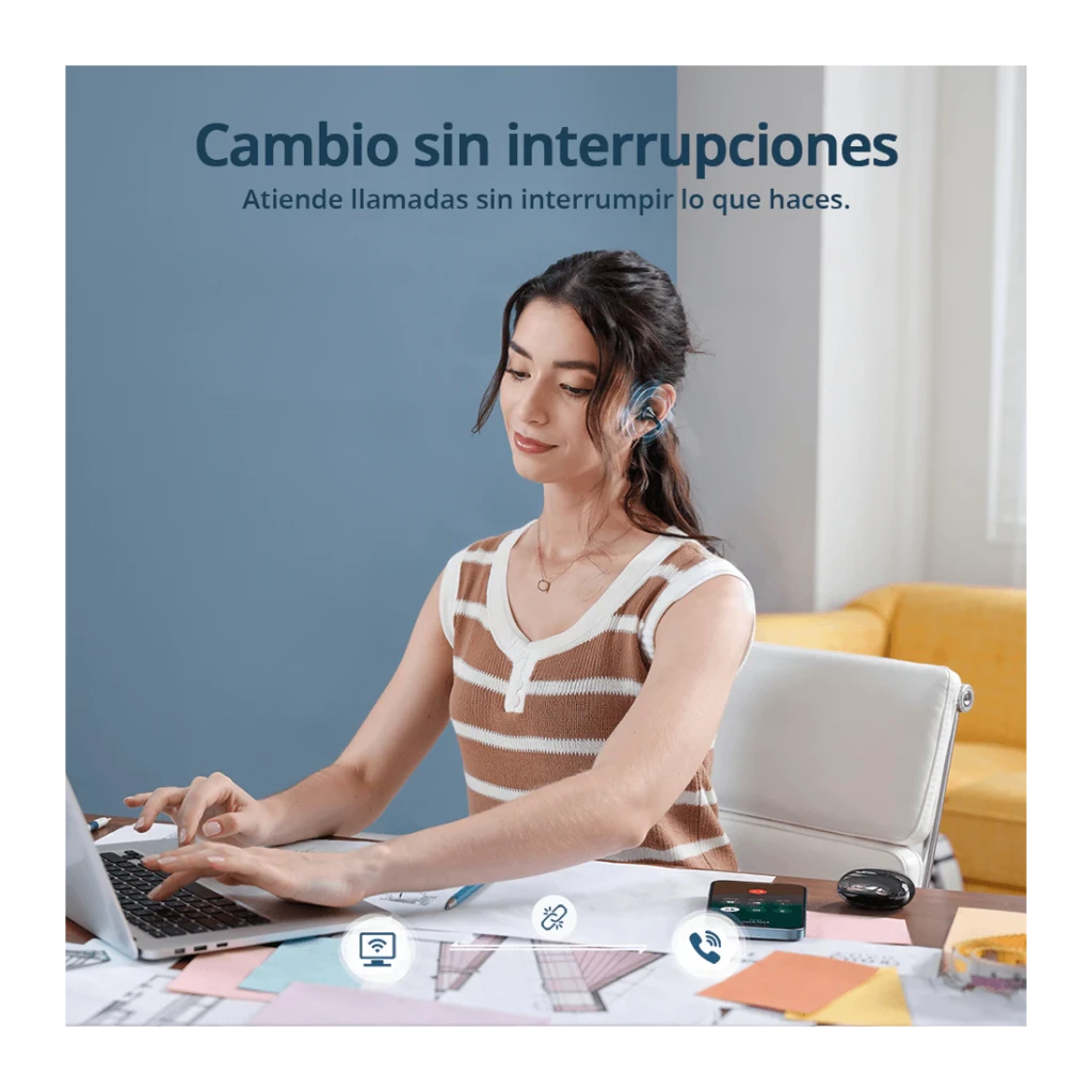 Auriculares Tronsmart OpenFly Clip 2 Bluetooth 6.0 32h (8h+estuche) Hi-Res LDAC Negro, uso en oficina: mujer trabajando
