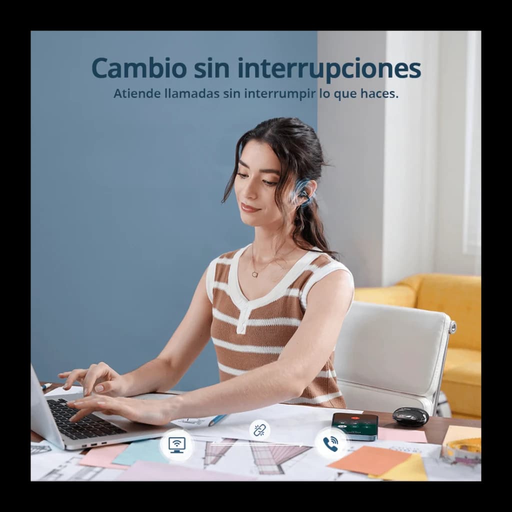 Auriculares Tronsmart OpenFly Clip 2 Bluetooth 6.0 32h (8h+estuche) Hi-Res LDAC Negro, uso en oficina: mujer trabajando