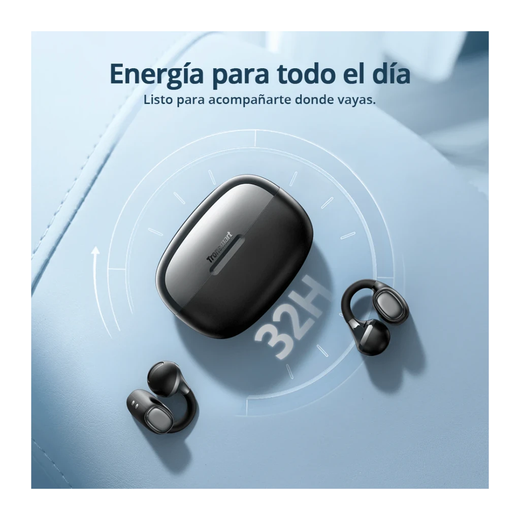 Auriculares Tronsmart OpenFly Clip 2 Bluetooth 6.0 32h (8h+estuche) Hi-Res LDAC Negro, lifestyle: estuche y auriculares