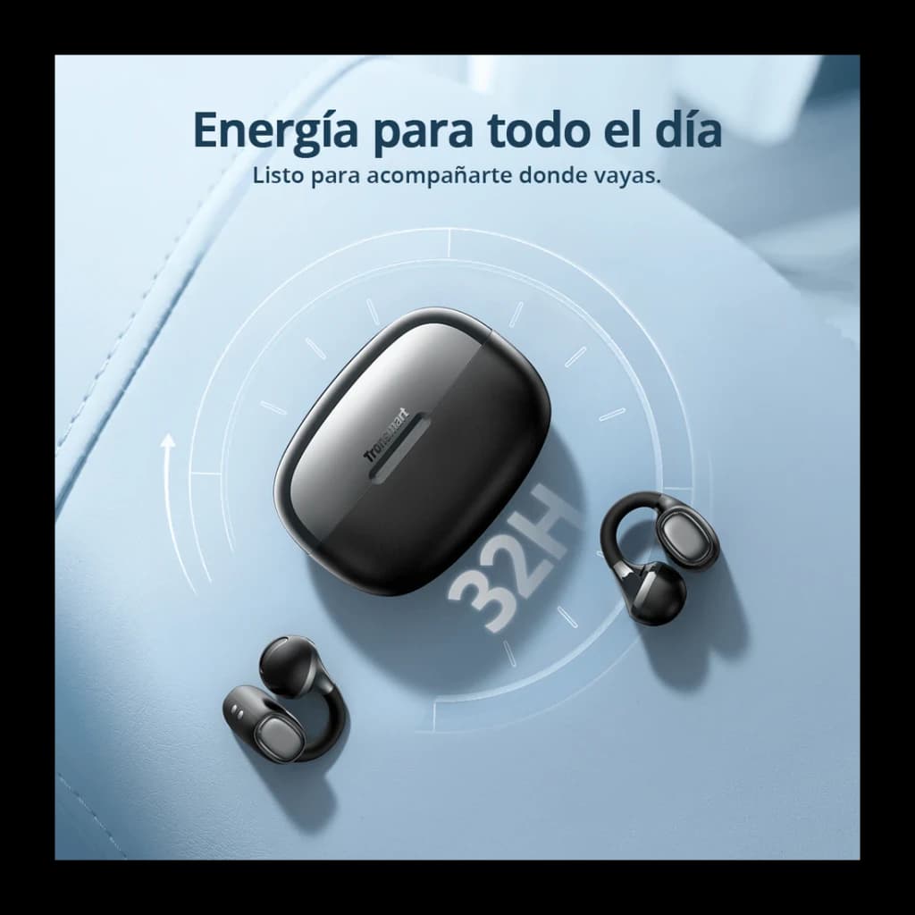 Auriculares Tronsmart OpenFly Clip 2 Bluetooth 6.0 32h (8h+estuche) Hi-Res LDAC Negro, lifestyle: estuche y auriculares