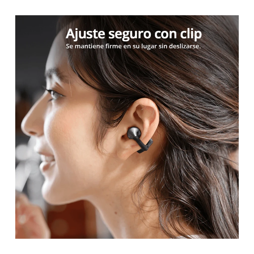 Auriculares Tronsmart OpenFly Clip 2 Bluetooth 6.0 32h (8h+estuche) Hi-Res LDAC Negro, vista lateral: clip negro sujeto