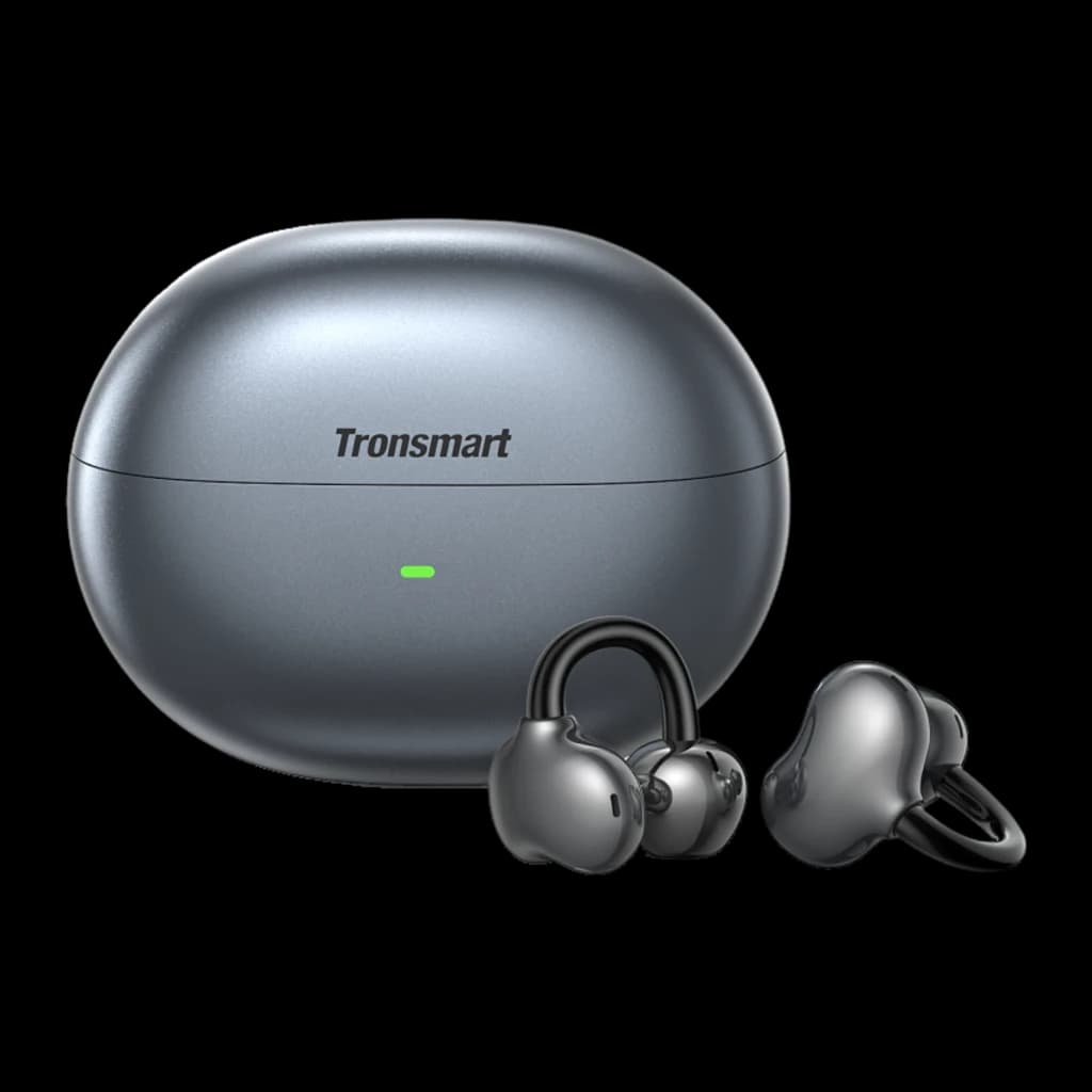 Auriculares Tronsmart OpenFly Clip S1010 open-ear clip-on negros con estuche de carga gris metálico, diseño de gancho ergonómico y luz LED indicadora