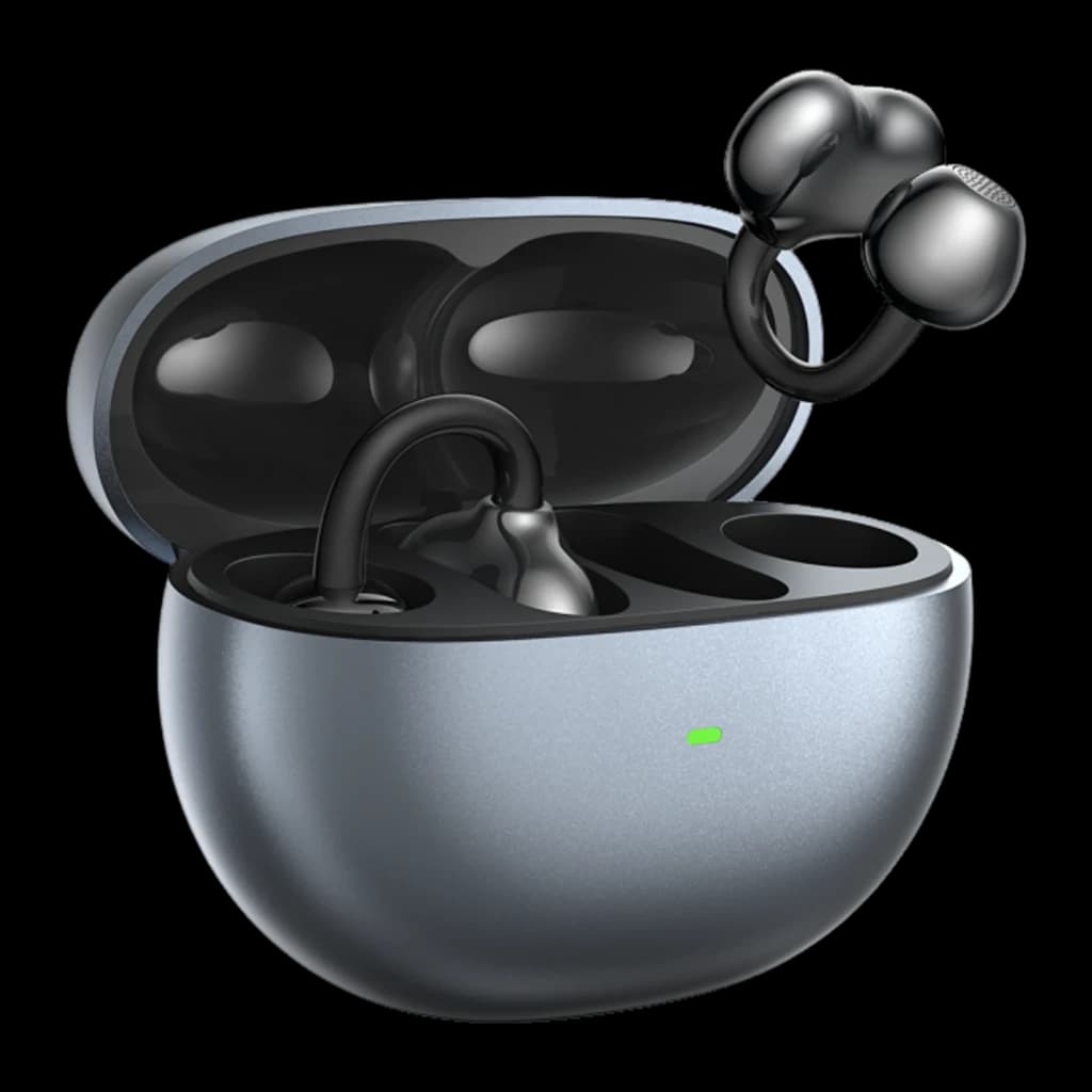 Auriculares Tronsmart OpenFly Clip S1010 Open-Ear Clip-On Negro con diseño de clip abierto, estuche de carga gris metálico y luz LED indicadora