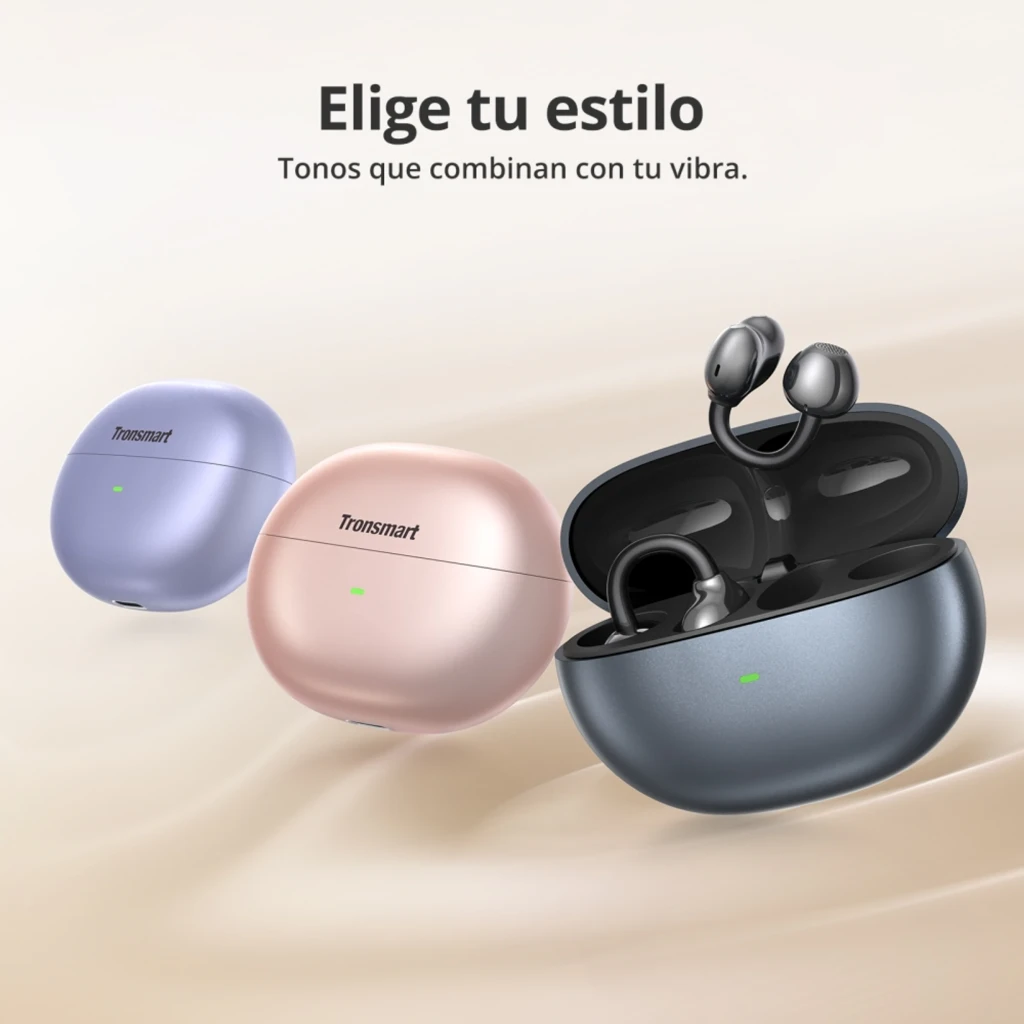 Auriculares Tronsmart OpenFly Clip S1010 open-ear clip-on negros con estuche de carga gris metálico, diseño de gancho ergonómico y luz LED indicadora - Ítem10