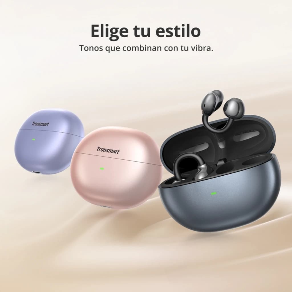 Auriculares Tronsmart OpenFly Clip S1010 open-ear clip-on en oro rosa con estuche redondeado; también en lila y gris oscuro, diseño minimalista y LED