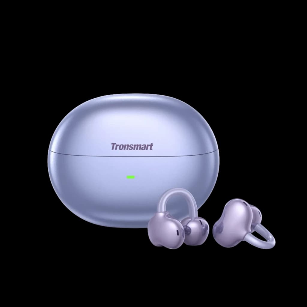 Auriculares Tronsmart OpenFly Clip S1010 Open-Ear Clip-On Violeta con estuche compacto violeta metálico, indicadores LED y diseño de clip curvo ergonómico