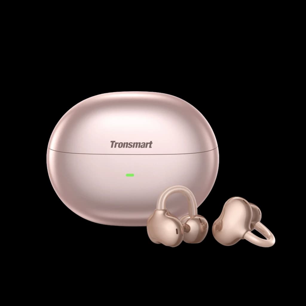 Auriculares Tronsmart OpenFly Clip S1010 Open-Ear Clip-On Oro Rosa con estuche compacto, acabado metálico suave, diseño clip-on abierto y luz LED indicadora