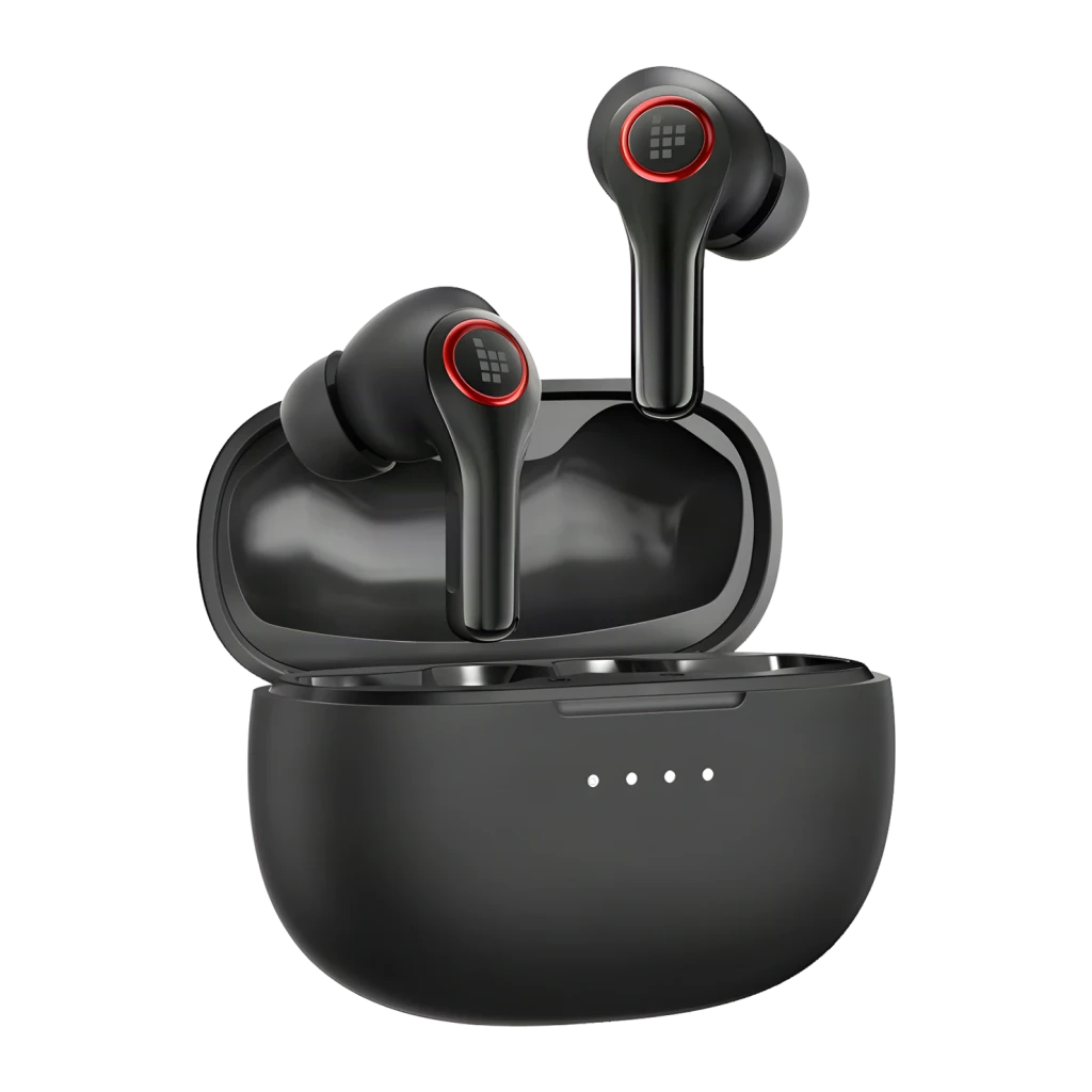 Auriculares Tronsmart Sounfii NC 2 Cancelación de Ruido TWS In-Ear 40h Negro, vista frontal: earbuds sobre estuche abierto
