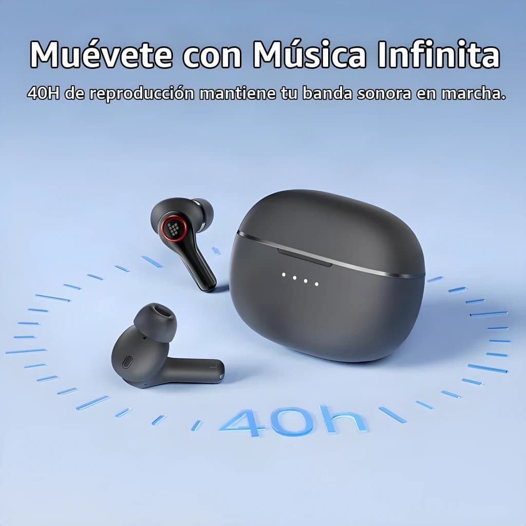 Auriculares Tronsmart Sounfii NC 2 Cancelación de Ruido TWS In-Ear 40h Negro, lifestyle: dos earbuds y estuche negro