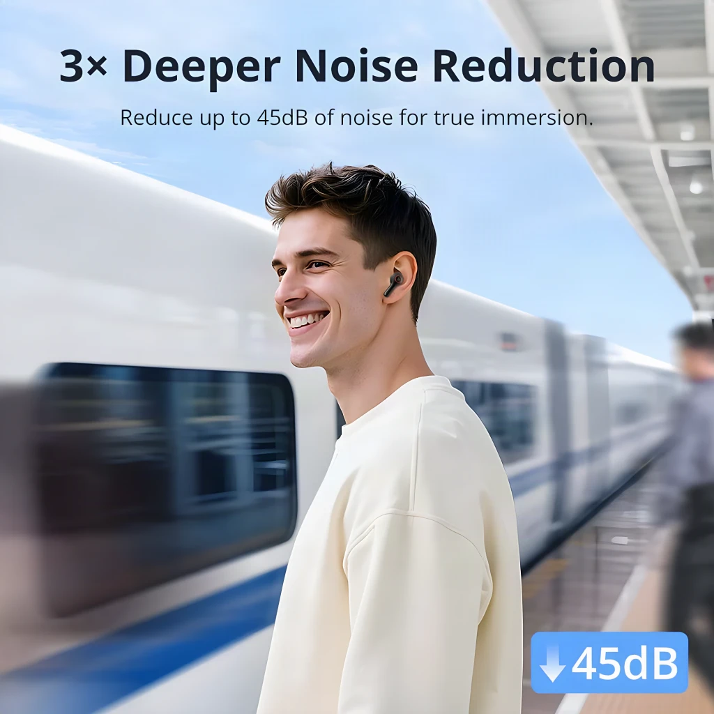 Auriculares Tronsmart Sounfii NC 2 Cancelación de Ruido TWS In-Ear 40h Negro, uso: hombre en andén con tren en movimiento