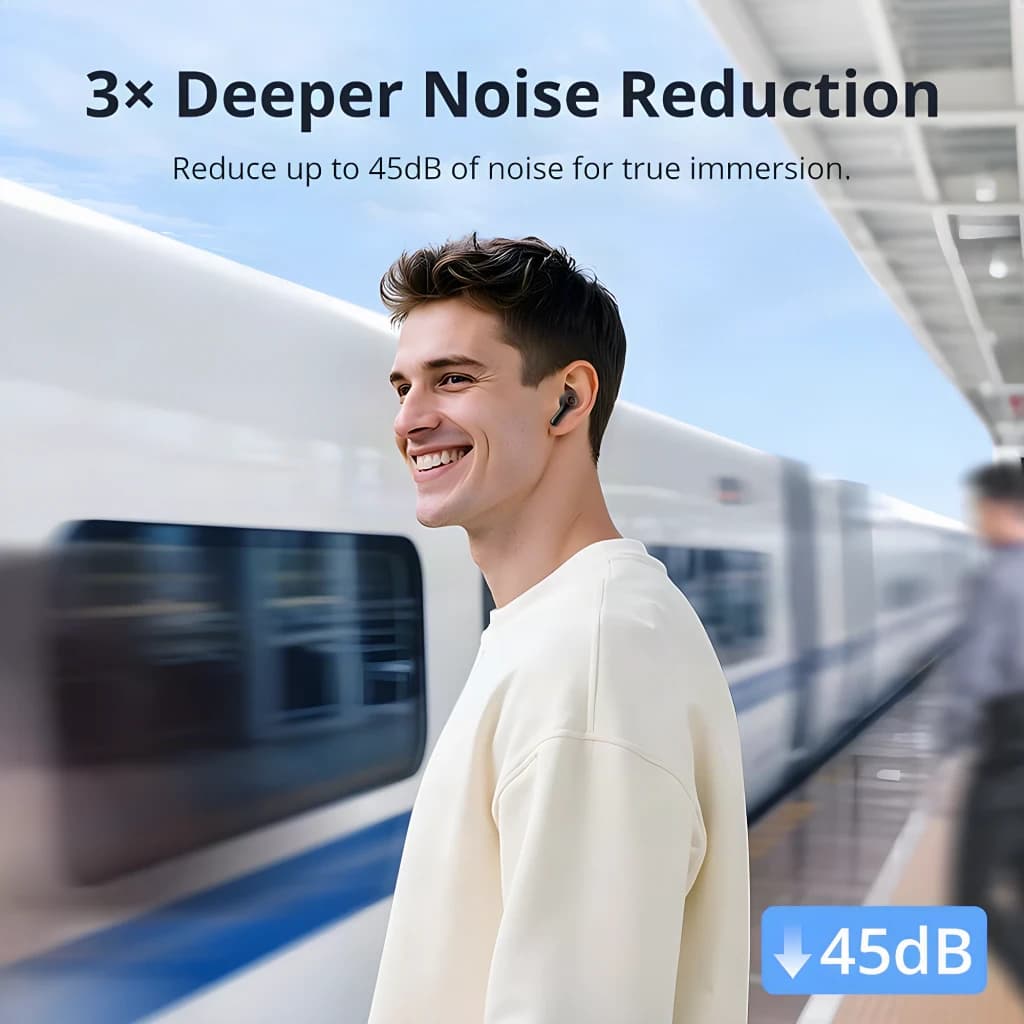 Auriculares Tronsmart Sounfii NC 2 Cancelación de Ruido TWS In-Ear 40h Negro, uso: hombre en andén con tren en movimiento