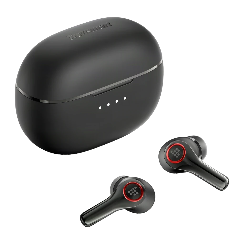 Auriculares Tronsmart Sounfii NC 2 Cancelación de Ruido TWS In-Ear 40h Negro, vista conjunto: estuche cerrado con logo y dos