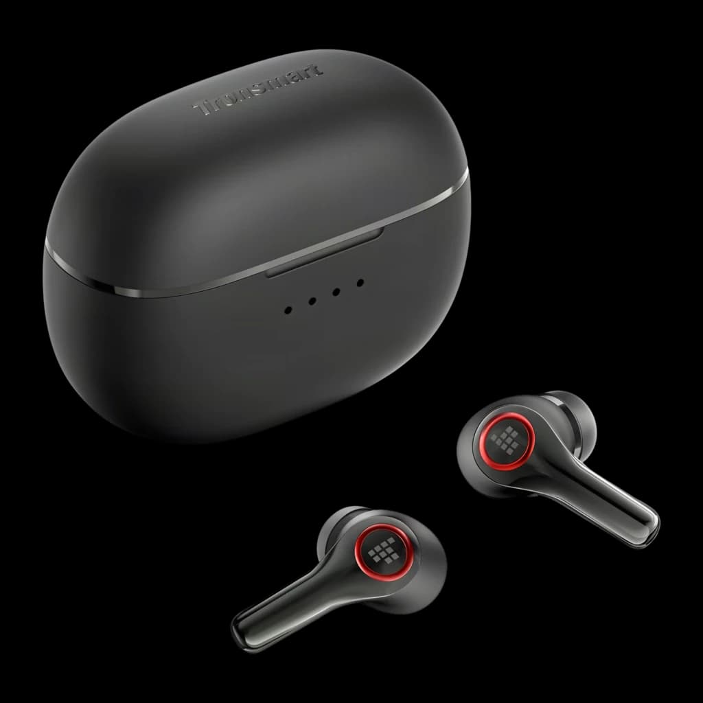 Auriculares Tronsmart Sounfii NC 2 Cancelación de Ruido TWS In-Ear 40h Negro, vista conjunto: estuche cerrado con logo y dos