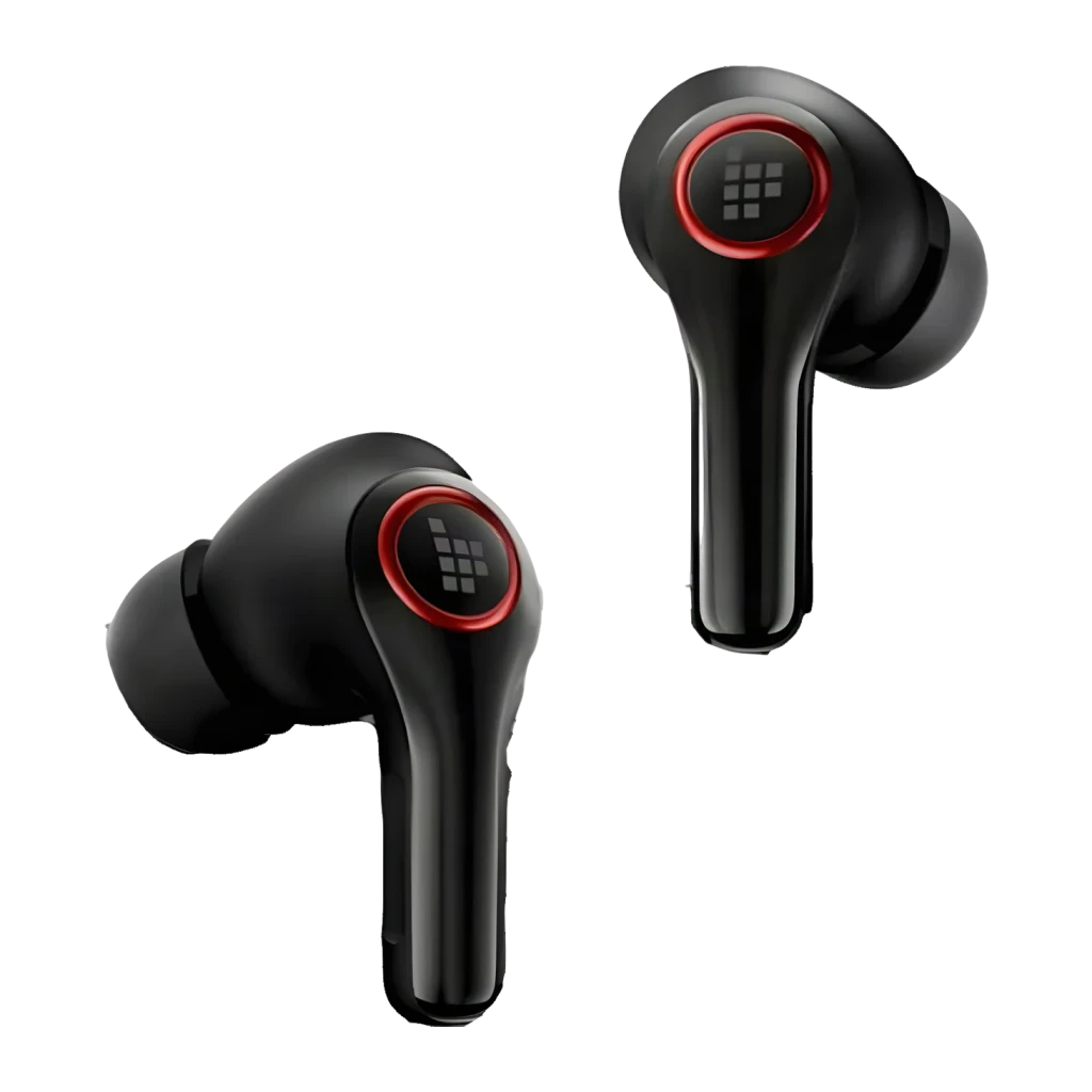 Auriculares Tronsmart Sounfii NC 2 Cancelación de Ruido TWS In-Ear 40h Negro, vista frontal: dos auriculares con logo y aro