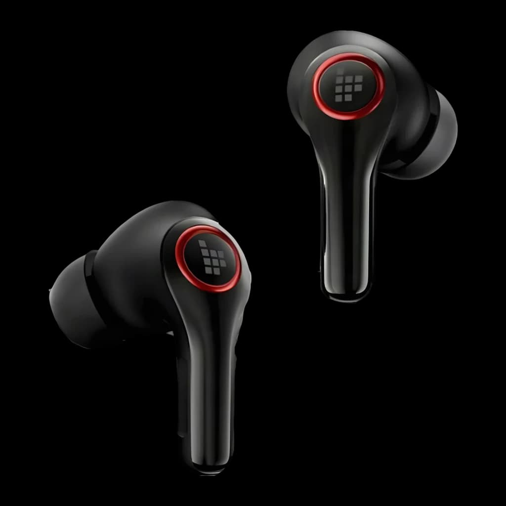 Auriculares Tronsmart Sounfii NC 2 Cancelación de Ruido TWS In-Ear 40h Negro, vista frontal: dos auriculares con logo y aro