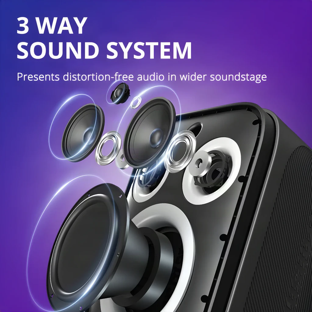 Enceinte Bluetooth Tronsmart Halo 210 2.1 140W 18h, détail: système 3 voies vue éclatée woofer médium et tweeter visibles