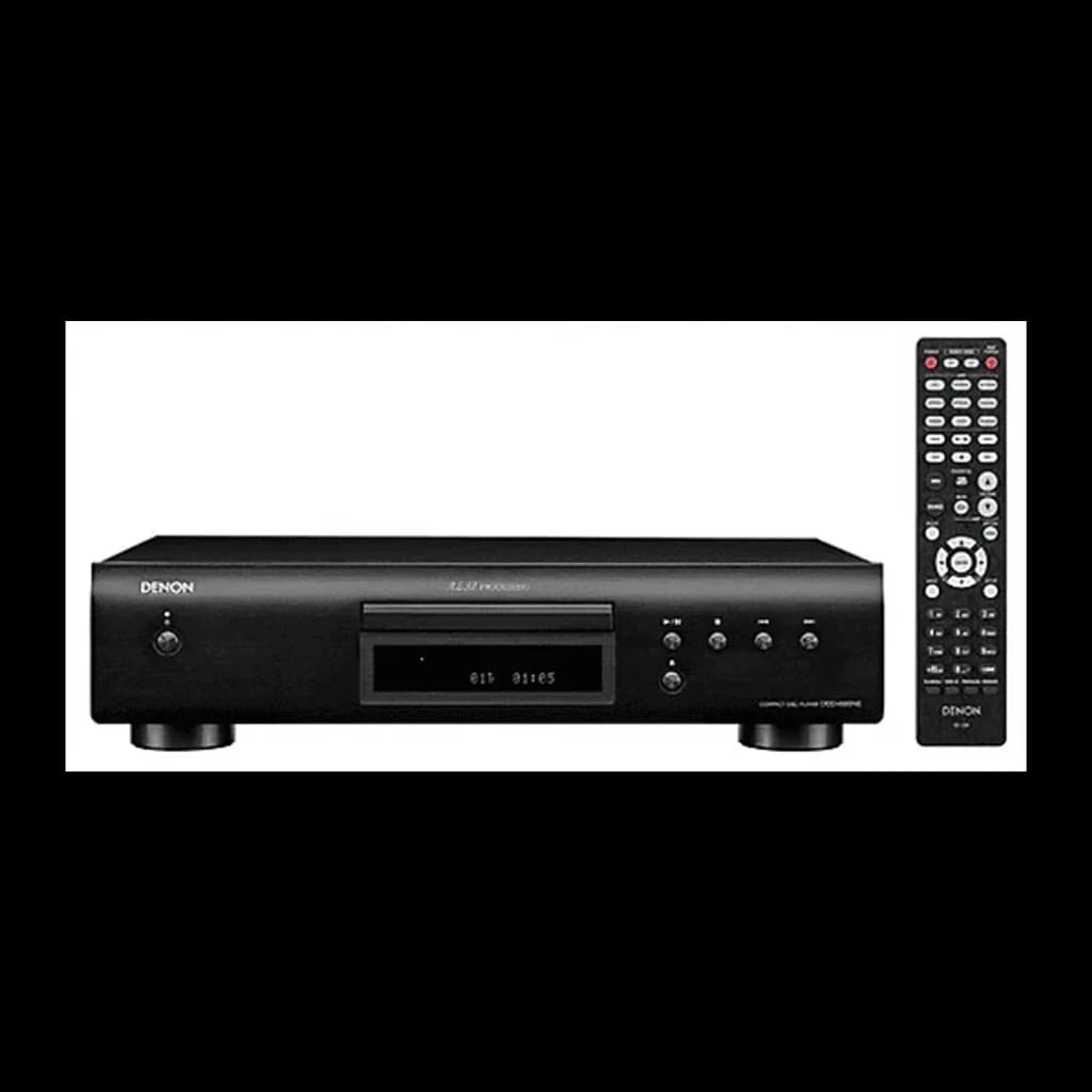 Denon DCD-600NE noir, vue avant avec télécommande: lecteur CD, afficheur, tiroir disque et télécommande noire