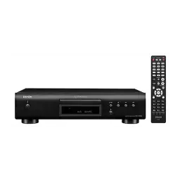 Denon DCD-600NE noir, vue avant avec télécommande: lecteur CD, afficheur, tiroir disque et télécommande noire