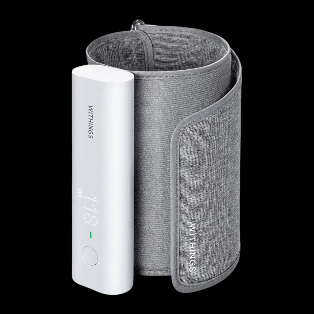 Nokia Tensiomètre BPM Connect Wi-Fi blanc, vue de face: module blanc avec écran LED et brassard gris déplié