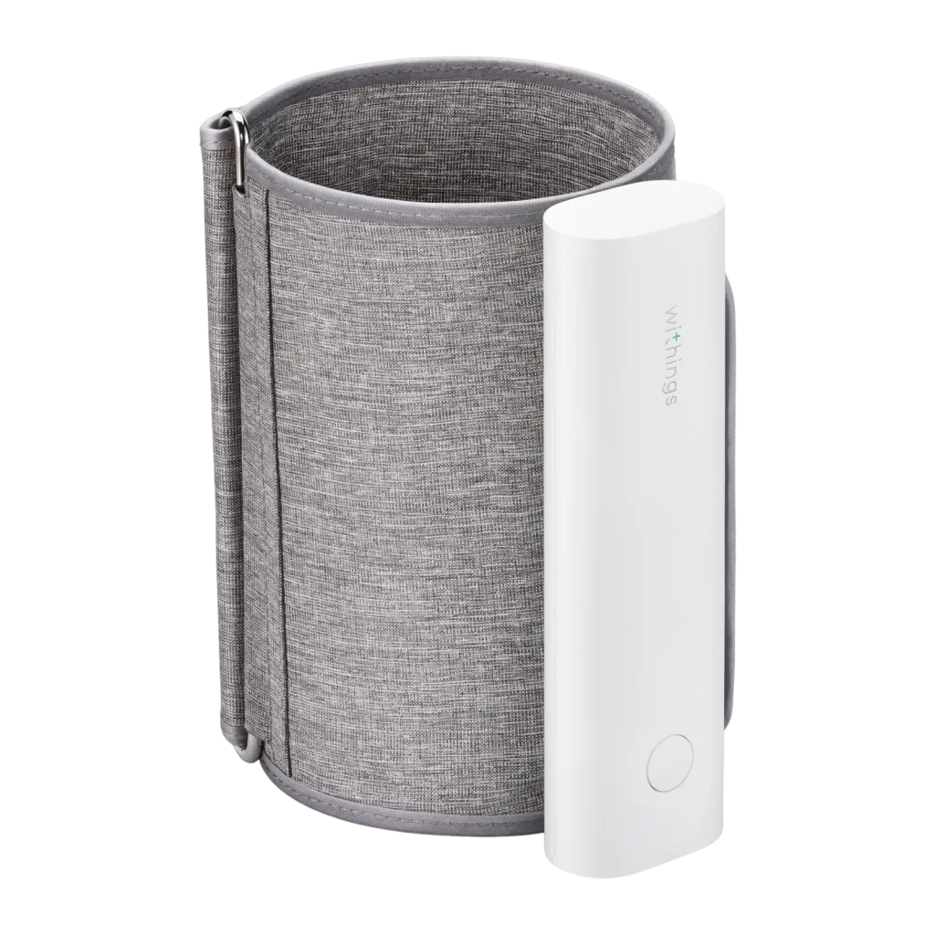 Nokia Tensiomètre BPM Connect Wi-Fi blanc, vue de face: module blanc avec écran LED et brassard gris déplié - Ítem1