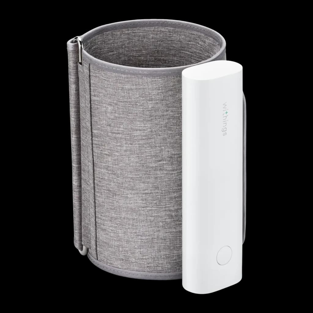 Nokia Tensiomètre BPM Connect Wi-Fi blanc, vue latérale droite: brassard gris ouvert en forme cylindrique avec module latéral